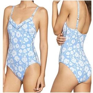Robin Piccone Women's Sadie sky Blue Floral V-Neck One-Piece Swimsuit New Beach